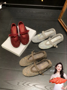 MIFEI | Sheepskin Hollow Out Crystal-Embellished Fishnet Wedge Mary Jane Shoes
