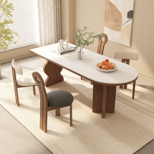 Elegant French Cream Style Solid Wood Rock Board Dining Table Chair Set for Small Homes Oval Shaped Mid-Century Dining Table