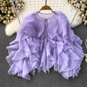 Ruffles Long Sleeve Crewneck Shirt Womens Loose Fit French Style Casual Top for Spring and Autumn with Single Row Multi-Buckle