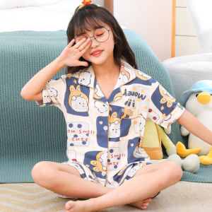 Kids Pajamas Summer Girl Short Sleeve Cardigan Pure Cotton Thin Open Buckle Baby Girl Children and Teens Loungewear Suit