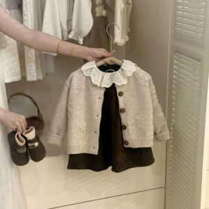 Girl suit Korean version retro crochet knitted cardigan floral lace crew neck dress two-piece set 1 to 6 years old