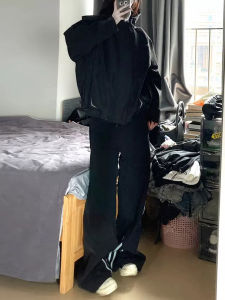 Quần Thể Thao Ba Sọc Đen Dài Thường Ngày Cho Nữ Cạp Cao Ống Rộng Quần Ống Đứng Phong Cách Đường Phố Mỹ