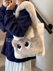 Spring Summer Plush Tote Bag Womens New 2025 Furry Handbag Single Shoulder Commuter Bag Urban Simple Style Magnetic Buckle Closure