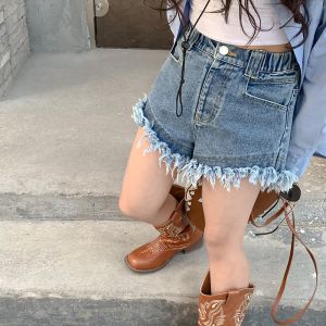 High Waist Torn Hem Denim Shorts Irregular Fashionable Girls Childrens Clothing Spring Summer Korean Style Kids Jeans Shorts
