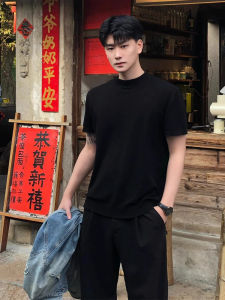 Light Grey American Retro 300g Heavyweight Short Sleeve Mens Summer Pure Cotton Three Needle T-Shirt Small Collar Half Sleeve