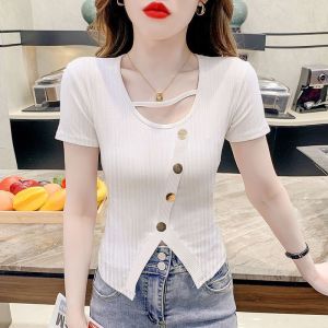 Áo Thun Nữ Tay Ngắn Mùa Hè 2025 Phong Cách Mới Không Đều Tay Áo Không Đều Tay Ngắn Ôm Vừa Vặn Chất Liệu Polyester Thoáng Khí