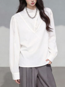 QINGNAER | French Style Luxe Elegance Plus Size Women Shirt Irregular Collar Puff Sleeve