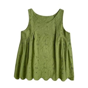 YUEZHONGWEI | French Style V-Neck Hollow Out Green Vest Women Summer Outdoor Wear Loose Slimming Long Sleeveless Top Commute Fashion