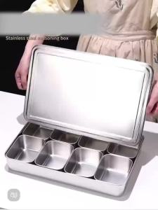 Commercial 304 stainless steel seasoning box stall ice powder ingredient flavor box combination set 2/4/8 grid seasoning storage box with lid