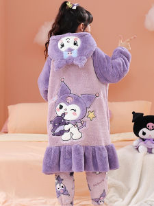 Thick Coral Lông Cừu Bộ Đồ Ngủ Và Áo Choàng Cho Bé Gái Đồ Ngủ Bộ Mùa Đông Đồ Mặc Nhà Mềm Polyester Tay Dài Áo Hoodie