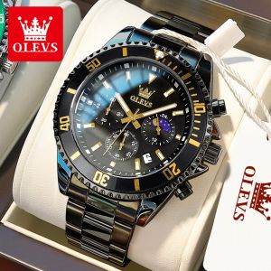OLEVS Jam Tangan Pria Original Asli Import Mewah Anti Air Kronograf Baja Tahan Karat Jam Cowok Multifungsi Bercahaya Olahraga