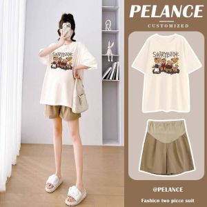 Summer Thin Maternity Top Outwear Loose Short Sleeve Pregnant Women Suit Shorts for Pregnant Women plus Size Plus Size 100.00kg