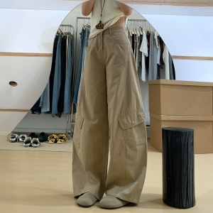 Quần Jeans Denim Ống Rộng Cạp Cao Phong Cách Retro Cho Nữ Màu Kaki Quần Thường Ngày Dễ Thương Quần Thường Ngày Cạp Cao