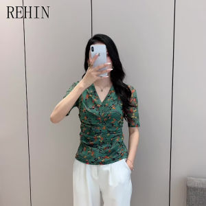 Rehin áo thời trang mới Mùa Hè Nữ Áo cánh Áo phông tay ngắn tay giữa lưới xếp li in hình hoa màu xanh lá cây cổ chữ V