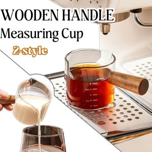 1/2pcs Glass Measuring Cups with Wooden Handle Single & Double Spout with Scale 2oz Coffee Extraction Shots Cup for Home Bar Use