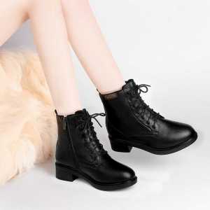 Womens Martin Boots Fleece Lined Chunky Heel Anti-slip Short Boots Fall Winter New Style Brand Name round Toe Zipper Closure