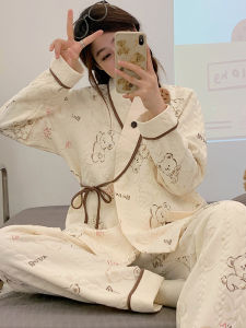 Áo Ngủ Cotton Mùa Thu Đông Cho Bà Bầu Áo Cho Con Bú Thoải Mái Quần Dài Eo Thun V-neck Áo Cho Con Bú Bên Hông Quần Áo Mặc Nhà