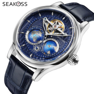 Đồng Hồ Cơ Nam SEAKOSS 3D Double Earth Xoay Tự Động Dây Da Chống Nước Đồng Hồ Bấm Giờ Sang Trọng