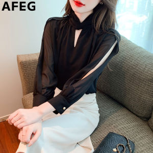 AFEG new Korean V-neck fashion loose all-match temperament chiffon long-sleeved blouse for women