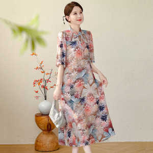 Retro Chinese Style Cotton Silk Solid Color Summer Dress Womens Loose Fit Thin Fashionable plus Size Floral Print Gown