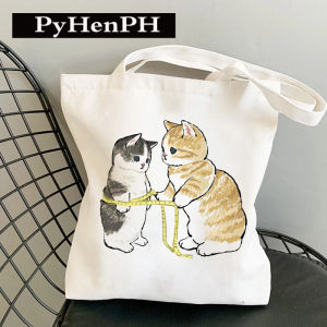 Large Capacity Canvas Tote Bag Womens Handbag Cartoon Cat Print Casual Shoulder Bag Fashionable Japanese Style Shopping Bag