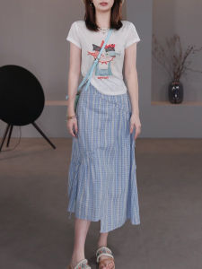 Shalldoer | Bộ đồ hai mảnh mùa hè in họa tiết tay ngắn không đều quần ngắn họa tiết kẻ caro thời trang nữ