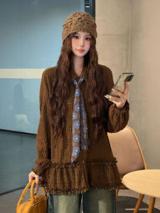 plus Size Womens Shirt Wood Grain Edge Splicing Coffee Color Long Sleeve Loose Fit Slimming Top for Autumn Vintage Style