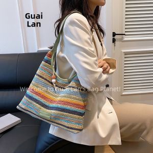 Fashionable Large Capacity Rainbow Straw Woven Shoulder Bag Womens Commuter Tote Handbag Bucket Bag Design Original Style