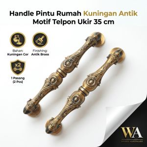 Gagang Pintu Rumah Kuningan Antik Motif Telepon Ukir 35 cm 2 Pcs | Bahan: Kuningan Cor | Finishing: Antik Brass | 1 Pasang (2 Pcs)