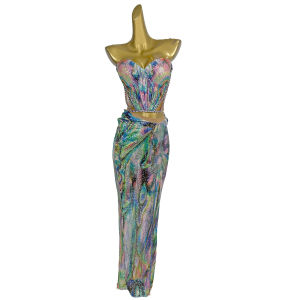 Colorful sequins Long Skirt 2Pieces Set Club Event Tight Fitting Outfit Internet Celebrity Wear Travel Party Dresses