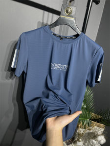 Summer Mens Solid Color Print Punch Elastic Sport Short Sleeve T-Shirt RUN Series Youth Trendy Standard Fit round Neck Tee