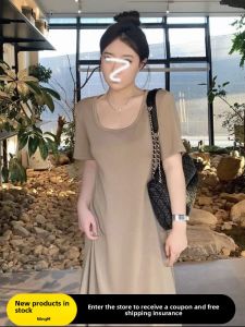 plus Size Simple Shoulder U-Neck T-Shirt Dress Women Summer Loose Slimming Casual A-Line Midi Dress Pure Color Loose Waist