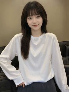 Heavyweight Long Sleeve Womens Pure White Cotton T-shirt Loose Base Layer Shirt Autumn Winter Inner Wear Thickened Casual Style