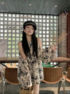 plus Size Womens Korean Style round Neck Shoulder Bared Shirt Slimming Watercolor Chiffon Trendy Top for Autumn Season