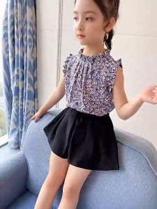 เสื้อเด็กหญิง WANDER ชุดเช็ตเด็กผญ ลายดอกไม้ แฟชั่นเกาหลี เซ็ตเสื้อแขนกุดสไตล์เจ้าหญิง กางเกงขาสั้น 23812