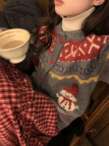 Sinbounboun Christmas Theme Lazy Knitted Sweater Coat Womens Fashion Snowman Pattern Vintage Style Long Sleeve round Neck Cardigan