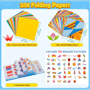 Origami Paper Set 96-208Pcs Craft Paper Kit with Instructional Book Art Projects Supplies for School Class Craft Lessons Gifts