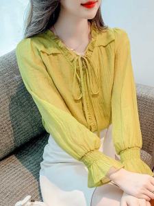 BaKuSen 2023 Autumn New V-neck Long Sleeve Ruffle Hem Shirt Women Design Sensation Base Layer Top Fashionable Casual Wear