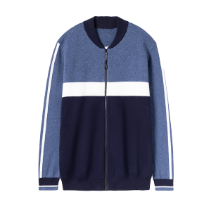 Mens Fashionable Color Block Zipper Double Collar Knitted Sweater Fake Two-Piece Long Sleeve round Neck Spring Autumn Wear