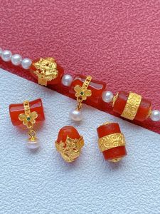 925 Silver Plated Gold Accessories Embedded Old Agate Straight Tube Lucky Beads Green Mother Separation Beads Small Waist Top Beads DIY