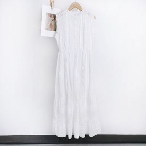 ฤดูใบไม้ผลิ ฤดูร้อน ยาว สีขาว เดรส พร้อม ลูกไม้ สําเนียงจีบหีบเพลงหนัก ปกตั้ง แขนกุด ปิดปุ่มเดียว ผ้าฝ้าย 100%