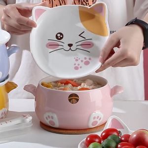 Tô Ăn Mỳ Hình Mèo Dung Tích Lớn Có Nắp Đậy Tai Mèo Dễ Thương Anime - Bát Tô Sứ 1080ml Cute
