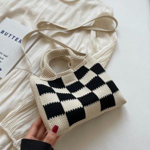 Fashionable Knitted Plaid Handbag Womens Crossbody Bag Small Square Bag Magnetic Buckle Closure Soft Fabric Casual Purse