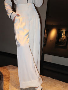 ReVe Haute Couture High Waist Wide Leg Casual Pants Moon White A-Line Straight Cut Elegant Design Autumn Collection 2023