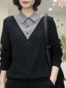 Fashionable Casual Patchwork Polo Collar Sweater Apperance Slimming Long Sleeve Thermal Top for Women in Their Forties