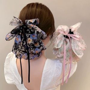 French Elegant Floral Chiffon Bow Grab Hair Clip Hair Claw Clips for Women Bowknot Hair Clamp Hairpin Headdress
