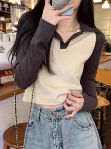 Áo Thun Cổ Polo Dài Tay Ôm Vừa Vặn Màu Tương Phản Phong Cách Hàn Quốc Dành Cho Nữ Mùa Xuân Thu 2025 Áo Thun Ngắn Thường Ngày