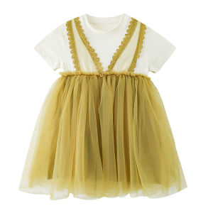 Adorable Lace Bib Short Sleeve Princess Dress for Girls Baby Cotton Blend Fabric Summer New Arrival Casual Style Pure Color