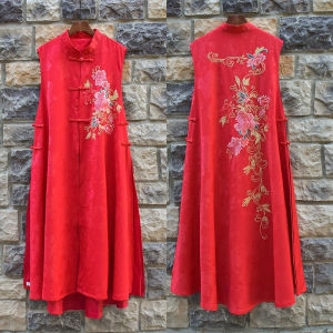 Long Embroidered Flower New Chinese Style Patchwork Vest Loose Fit Open Cardigan Sleeveless Outerwear for Middle-Aged Women