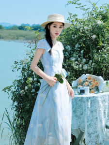 Artistic High Waist A-Line Qipao Dress Womens Summer New Arrival Long Skirt Fairy Tale Commute Short Sleeve round Neck City Walk